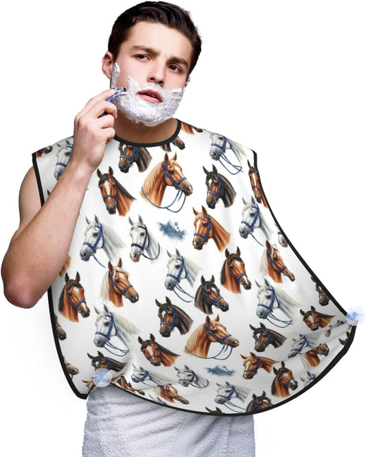 Beard Shaving Cape with Suction Cups, Animal Wild Horse Painting Shave Bib, Non-Stick Waterproof Hair Catcher, Grooming Bib for Men Husband