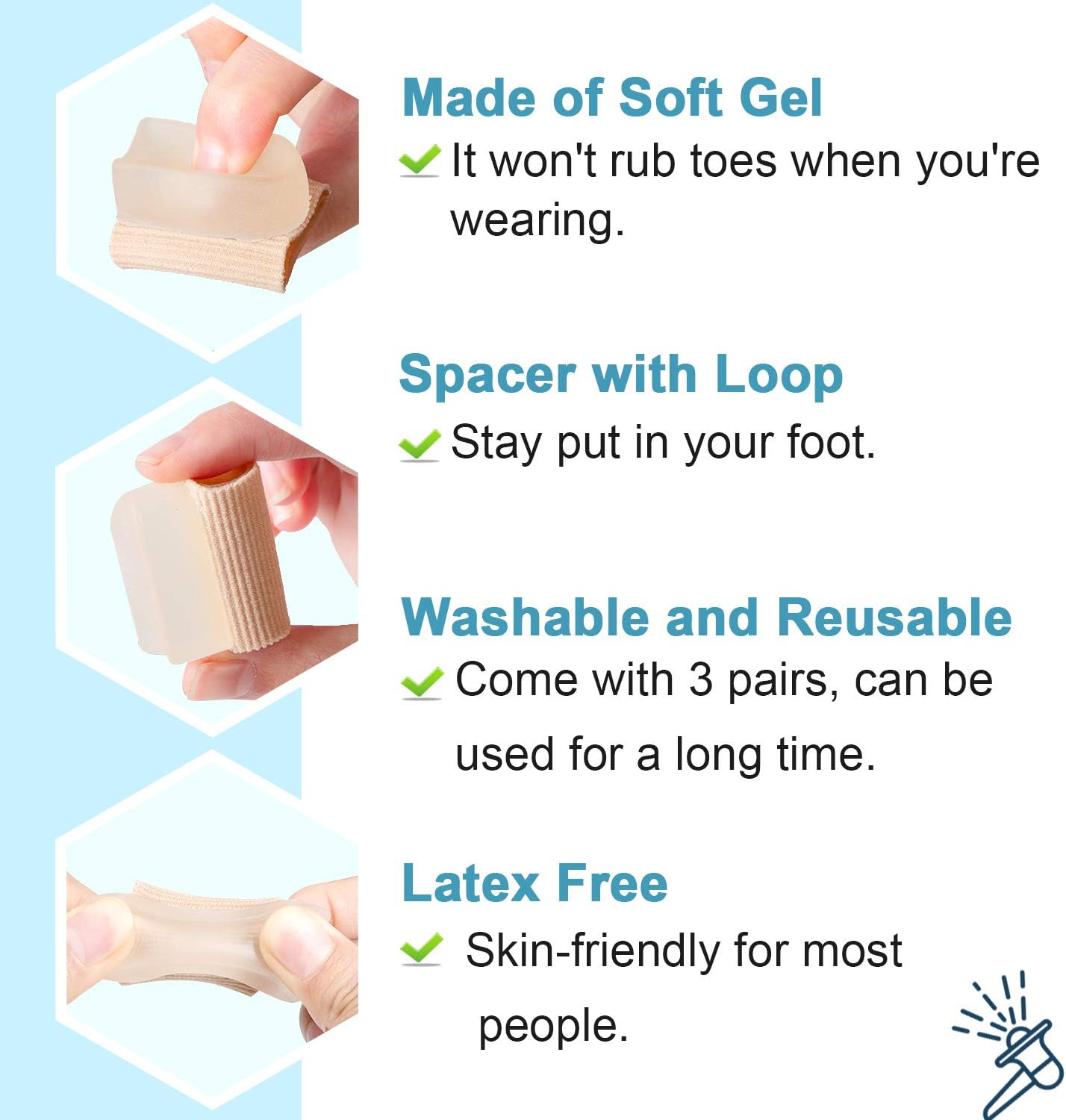 Povihome 6 Pack Gel Toe Spacer Separators(0.6'' Thick), Bunion Corrector for Overlapping Toe (1st/2nd Toe), Silicone Toe Spacers with Soft Gel Lining for Hallux & Bunion Pain Relief