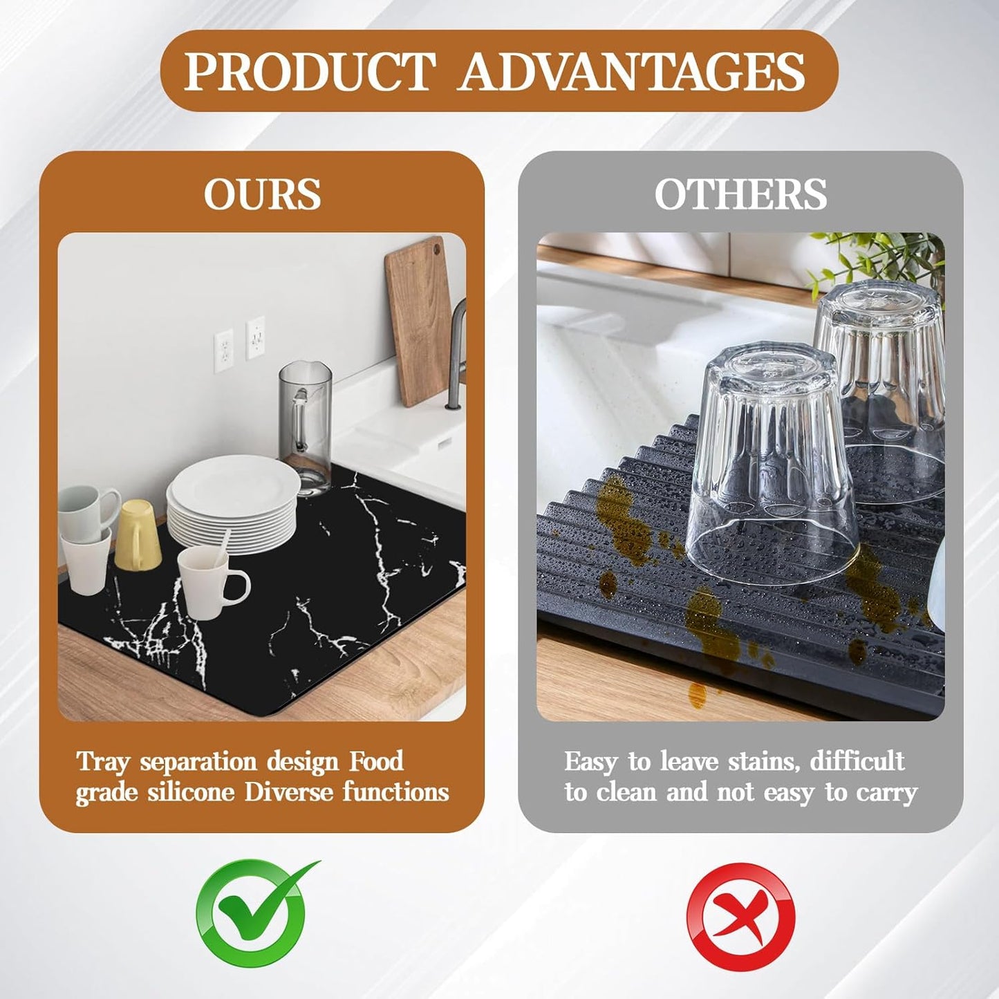 Dish Drying Mat for Kitchen Counter, 24"x16" Coffee Mat Bar Accessories, Hide Stain, Rubber Backed, Absorbent, Fit Under Coffee Maker, Espresso Machine, Pot, Dish Rack (Black)