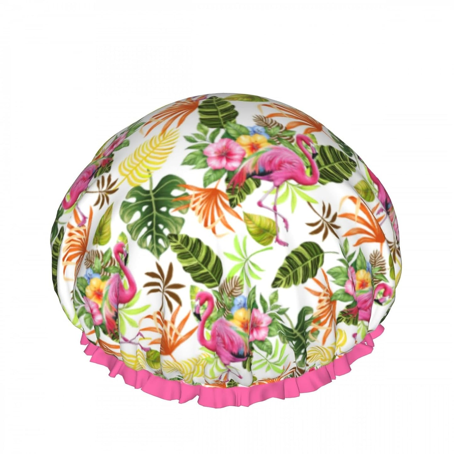 Cute Flamingo Leaves Flowers Double Layer Waterproof Shower Cap for Women Reusable Bath Cap for All Long Hair Lengths Soft Bath Shower Hat
