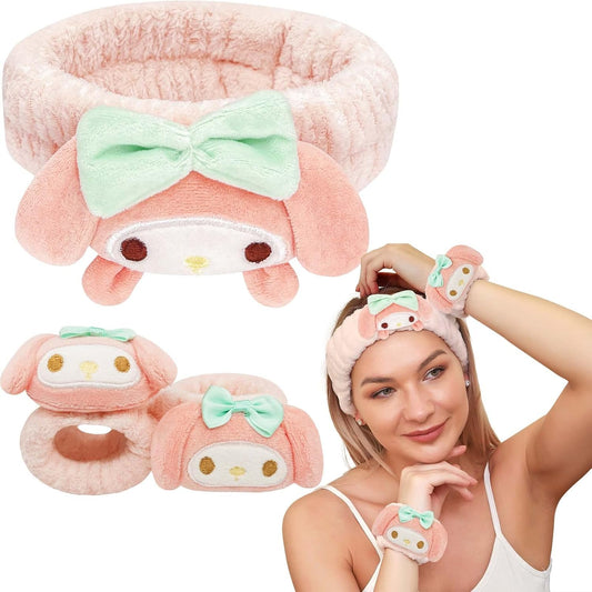 Kawaii Spa Headband and Wristband Set for Face Washing, Cute Soft Skincare Headbands for Women Girls, Fluffy Makeup Headband for Washing Face, Bath, Shower, Beauty