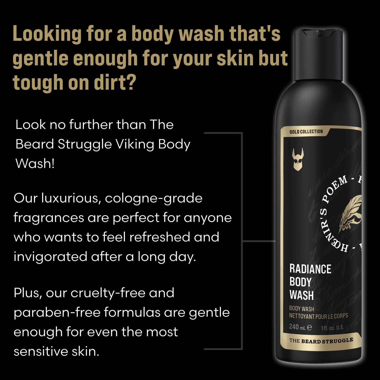 The Beard Struggle Men's Body Wash Asgardian Secret - Gold Collection - Skin Cleaning Agent - Natural Body Wash - Shower Gel Liquid Soap - 240 mL / 8 US. fl. oz.