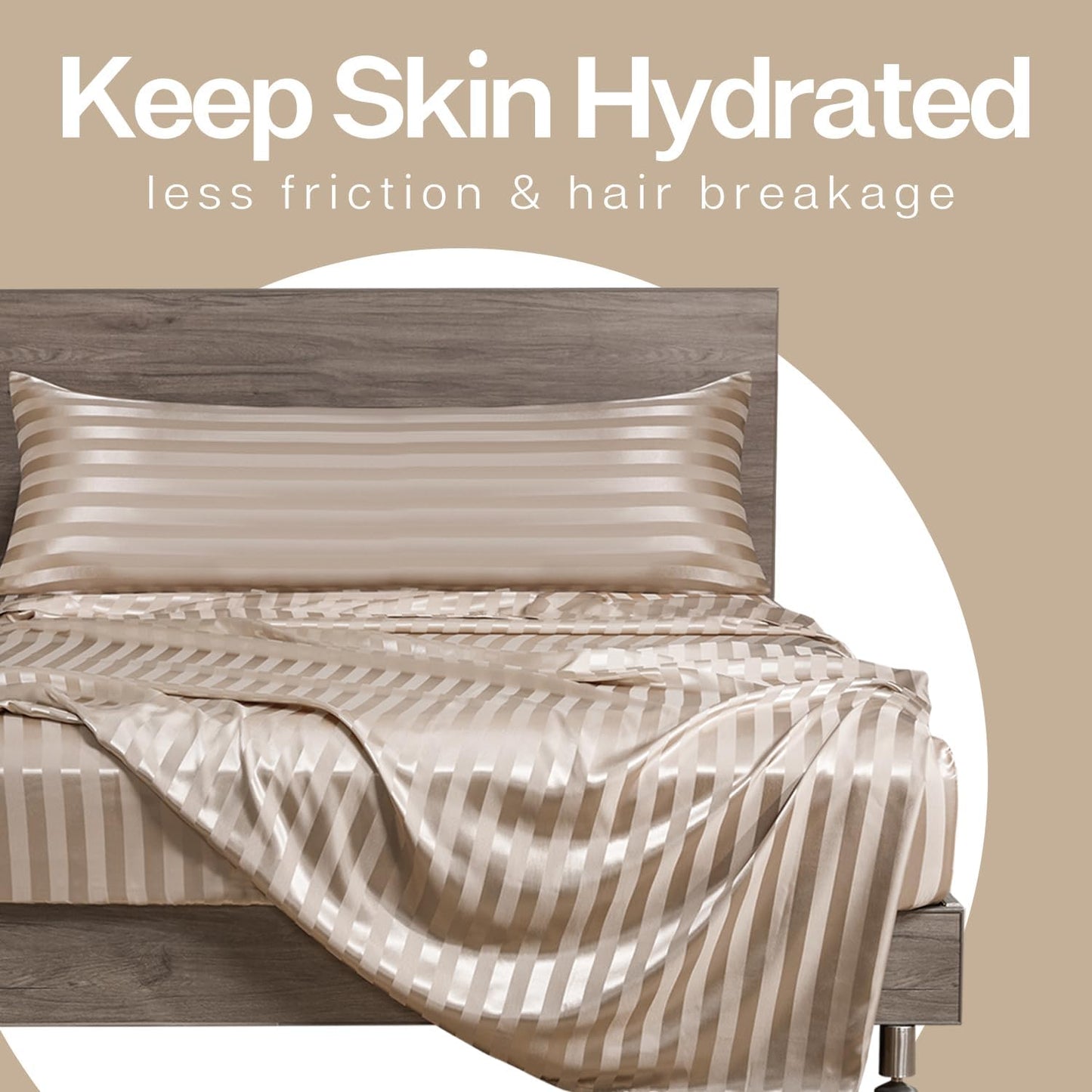 MR&HM Satin Body Pillow Cover, Soft and Breathable Body Pillow Case with Envelope Closure, Cooling and Silky Long Pillowcase for Hair and Skin,Grey (20x54, Champagne Striped)