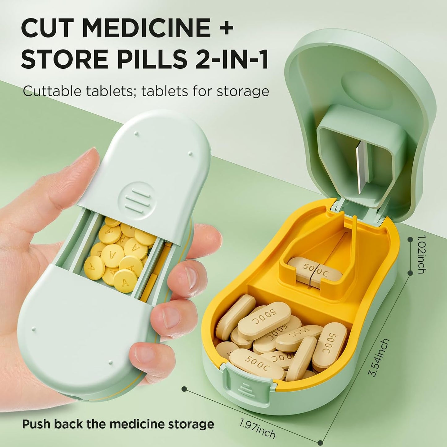 Pill Cutter for Small and Tiny Pills - Pill Splitter with Detachable Silicone Pad - Easy Open Snap Button. Wrap-Around Blade Guard Prevents Cuts. Back Storage (Green)