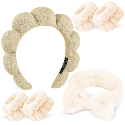 Zkptops 6Pcs Spa Headband for Washing Face Wristbands Set Women Bubble Skincare Makeup Sponge Terry Cloth Padded Puffy Headband Bow Tie Hairband Cute Non Slip Thick Hair Accessory Gifts (Brown)