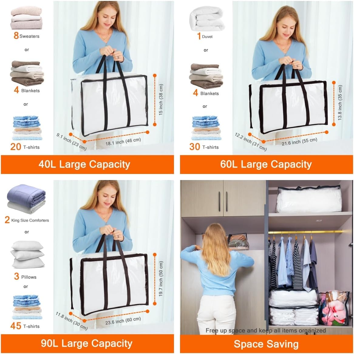 Vieshful 3 Pack 40L+60L+90L Clear Clothes Storage Bag, Zippered Closet Organizer, Plastic Storage Containers Moving bags for Comforter, Blanket, Bedding, Duvet, Toys