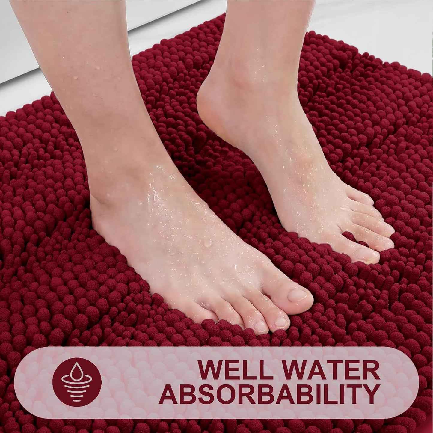 Grandaily Chenille Striped Bathroom Rugs 24x16, Extra Thick and Absorbent Bath Mats, Non-Slip Soft Plush Shaggy Shower Carpet, Machine Wash Dry, Bath Rug for Bathroom, (Small, Red)