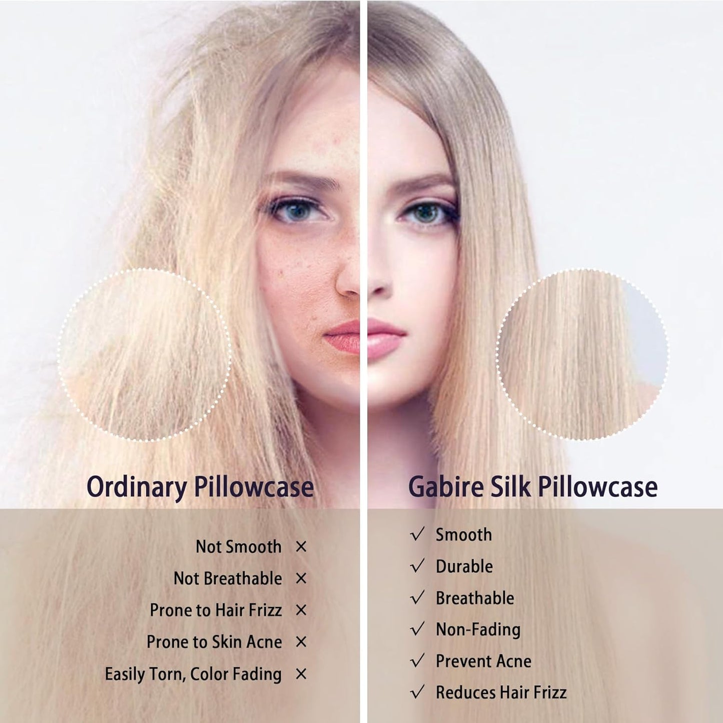 Mulberry Silk Pillow Cases Set of 2, Both Sides Real Silk Pillowcase for Hair and Skin Prevent Acne Pillowcase Organic Silk Pillowcases 2 Pack with Hidden Zipper, White, Standard (20"×26")