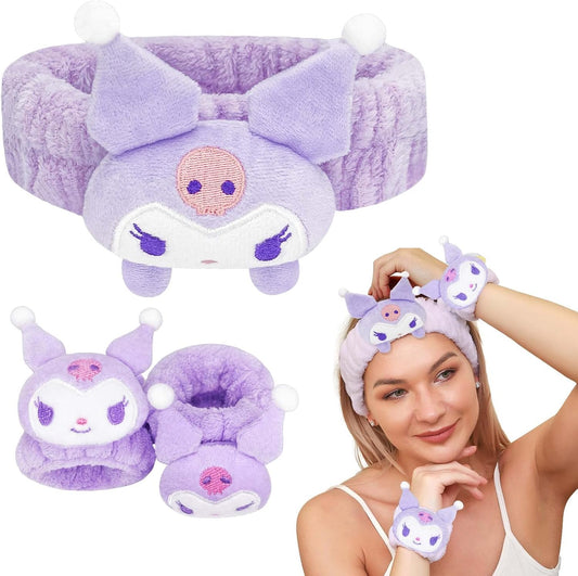 Kawaii Spa Headband and Wristband Set for Face Washing, Cute Soft Skincare Headbands for Women Girls, Fluffy Makeup Headband for Washing Face, Bath, Shower, Beauty