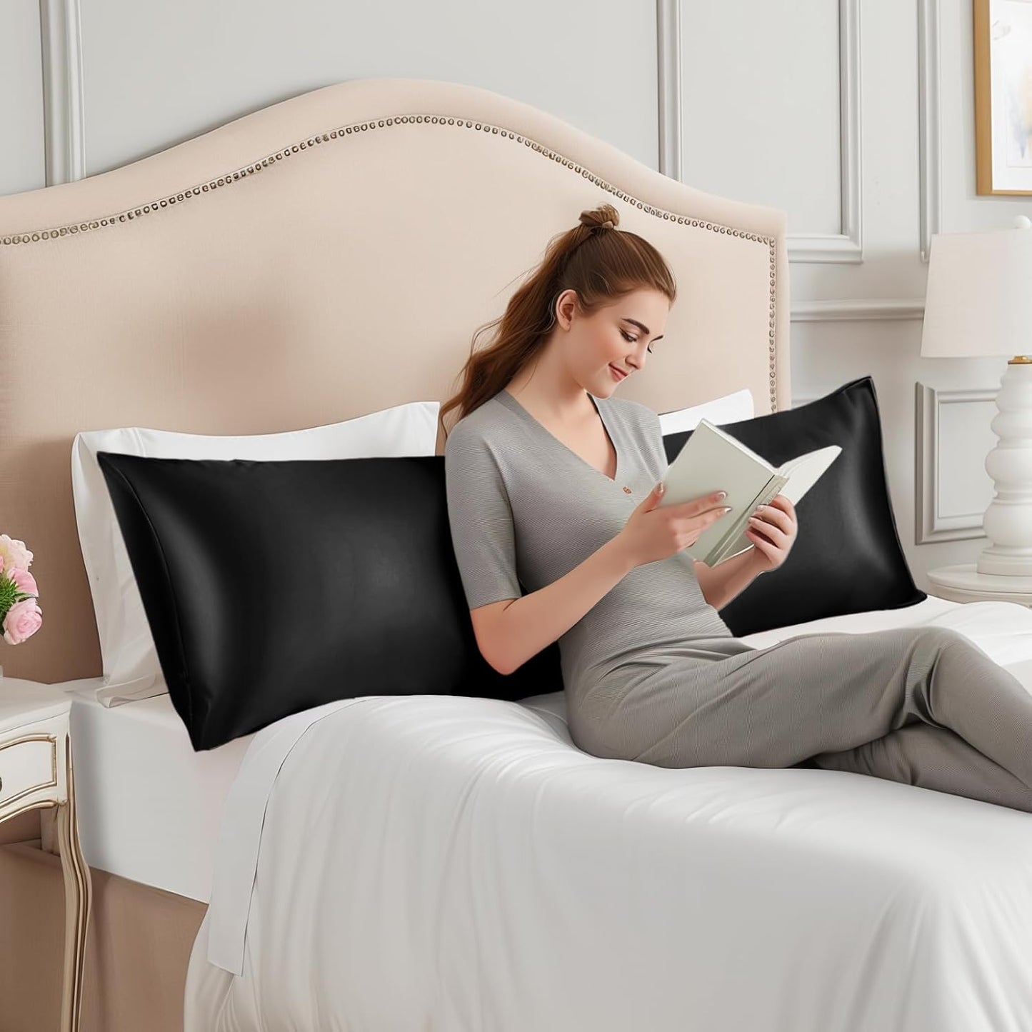 INFIIXSO Body Pillow Cover with Zipper, Luxury Mulberry Silk Body Pillow Case 20x54 Inches, Ultra Smooth and Soft Cooling Long Pillowcase, Gift for Women, Men(Black)