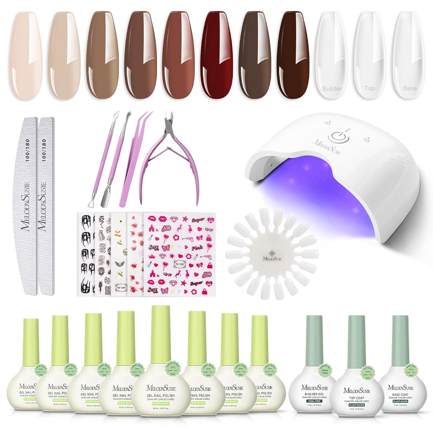 Melodysusie Gel Nail Polish Kit with Cordless UV Nail Lamp, ART06F UV Light for Plant Based Hema Free Fall Nails Polish No Wipe Glossy Top Coat Base Coat Builder Gel Set Manicure Tools Gift for Woman