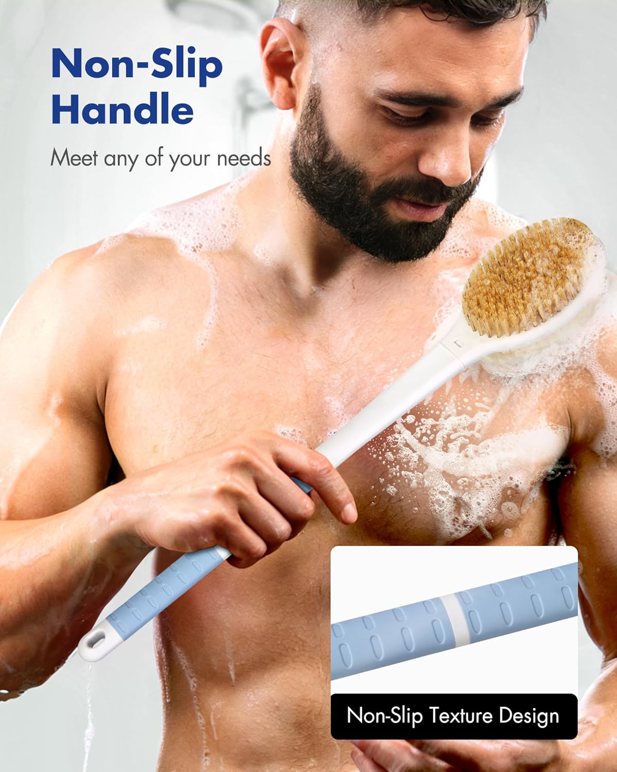 Back Scrubber Body Shower Brush: Anti Slip Long Handle Bath Brush with Stiff and Soft Bristles - Showering Exfoliator Wet or Dry Brushing for Women, Men, Elderly (Blue)