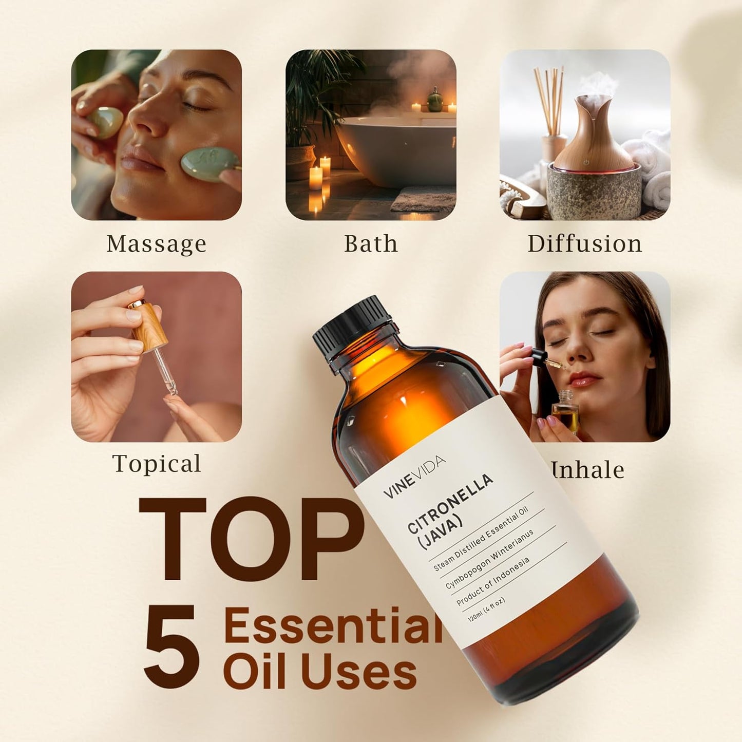 VINEVIDA Citronella Java Essential Oil 4 oz - Undiluted Citronella Oil 4 oz - Citronella Candle Oil Scent - DIY Candle Scents for Candlemaking - Bulk Essential Oil for Soap Making Safe for Skin