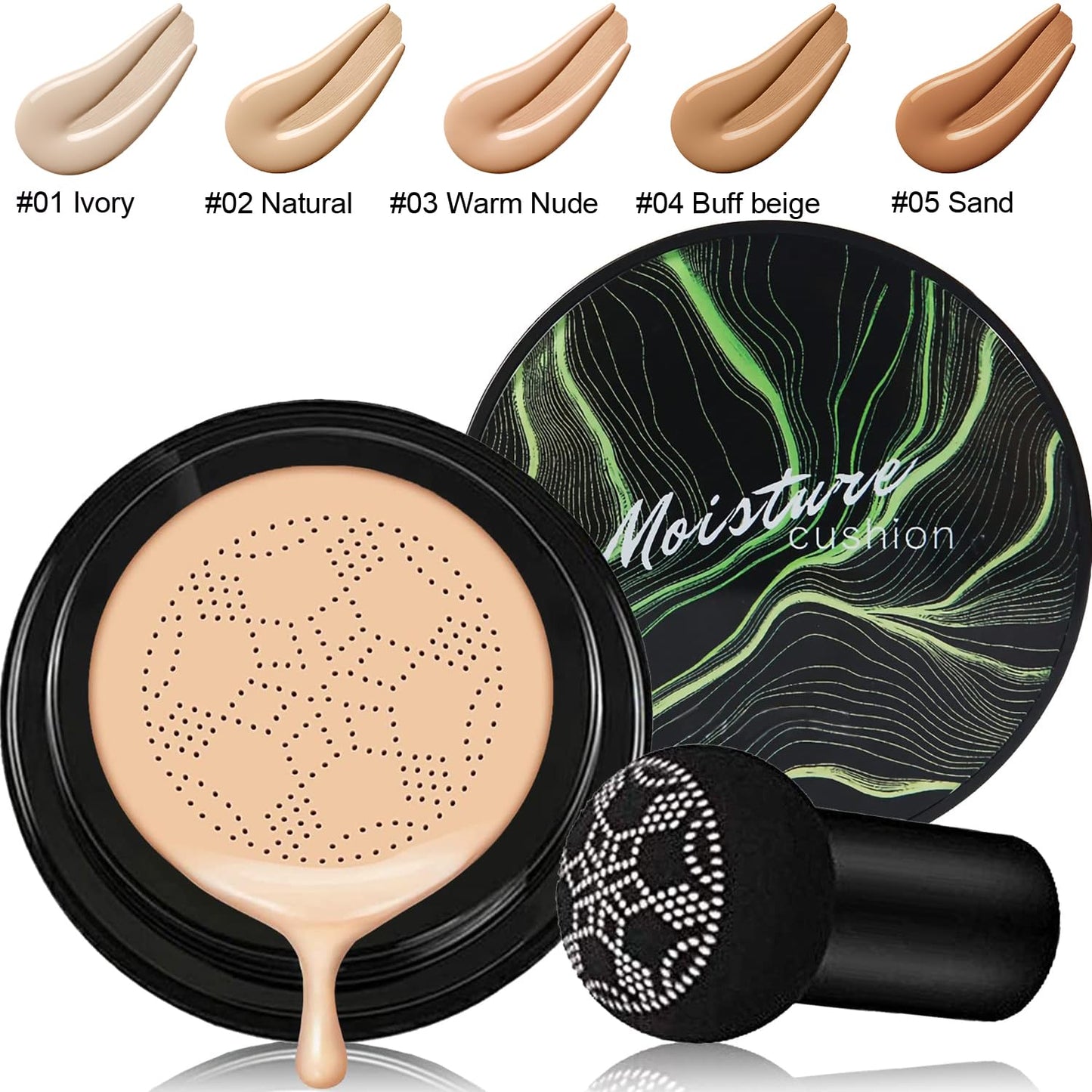 Mushroom Head Air Cushion CC Cream Nature Foundation, Moisturizing BB Cream, Long Lasting Matte Concealer, Bright Makeup Base with Mushroom Makeup Sponge (#04 Buff Beige)
