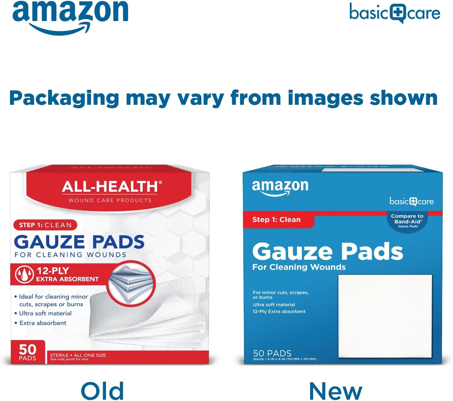 Amazon Basic Care Gauze Pads, 4x4 inches Sterile Medical Wound Dressing Sponges for Cleaning, Covering, & Cushioning Cuts & Minor Injuries, 50 Count (Pack of 1), (Previously All Health)