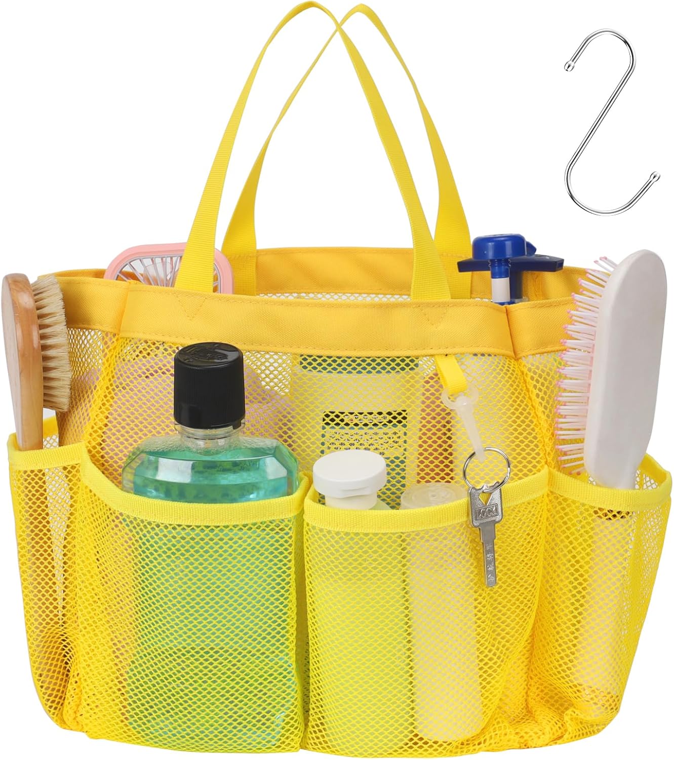 F-color Mesh Shower Caddy Portable, Upgrade Deeper 7 Pockets Shower Bag Basket Tote for College Dorm Room Toiletry Bathroom Essentials Gym Camp Quick Dry 2 handles with S Hook, Yellow