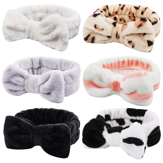 Casoty 6 Pcs Skincare Headband Bow Hair Band Spa Headband for Women Soft Coral Fleece Headbands for Washing Face Terry Cloth Head Band Makeup Head Band Face Wash Headbands