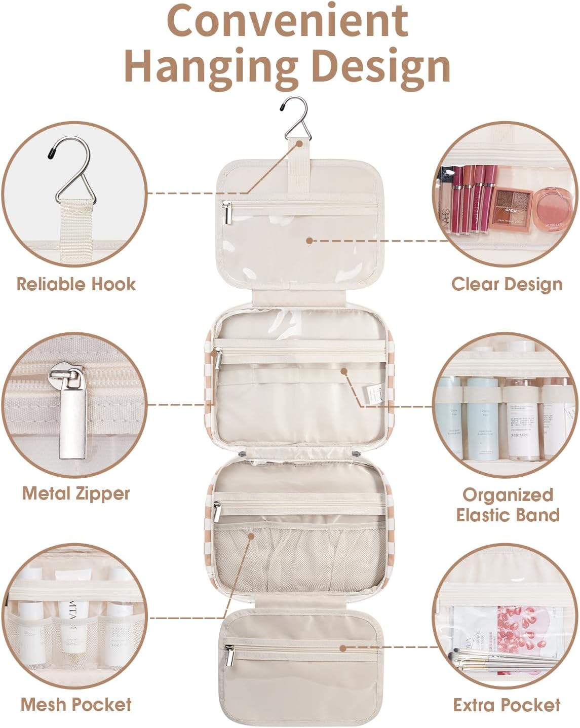 Narwey Hanging Toiletry Bag for Women Travel Makeup Bag Organizer Toiletries Bag for Travel Size Essentials Accessories Cosmetics (Light Checkerboard (Medium))