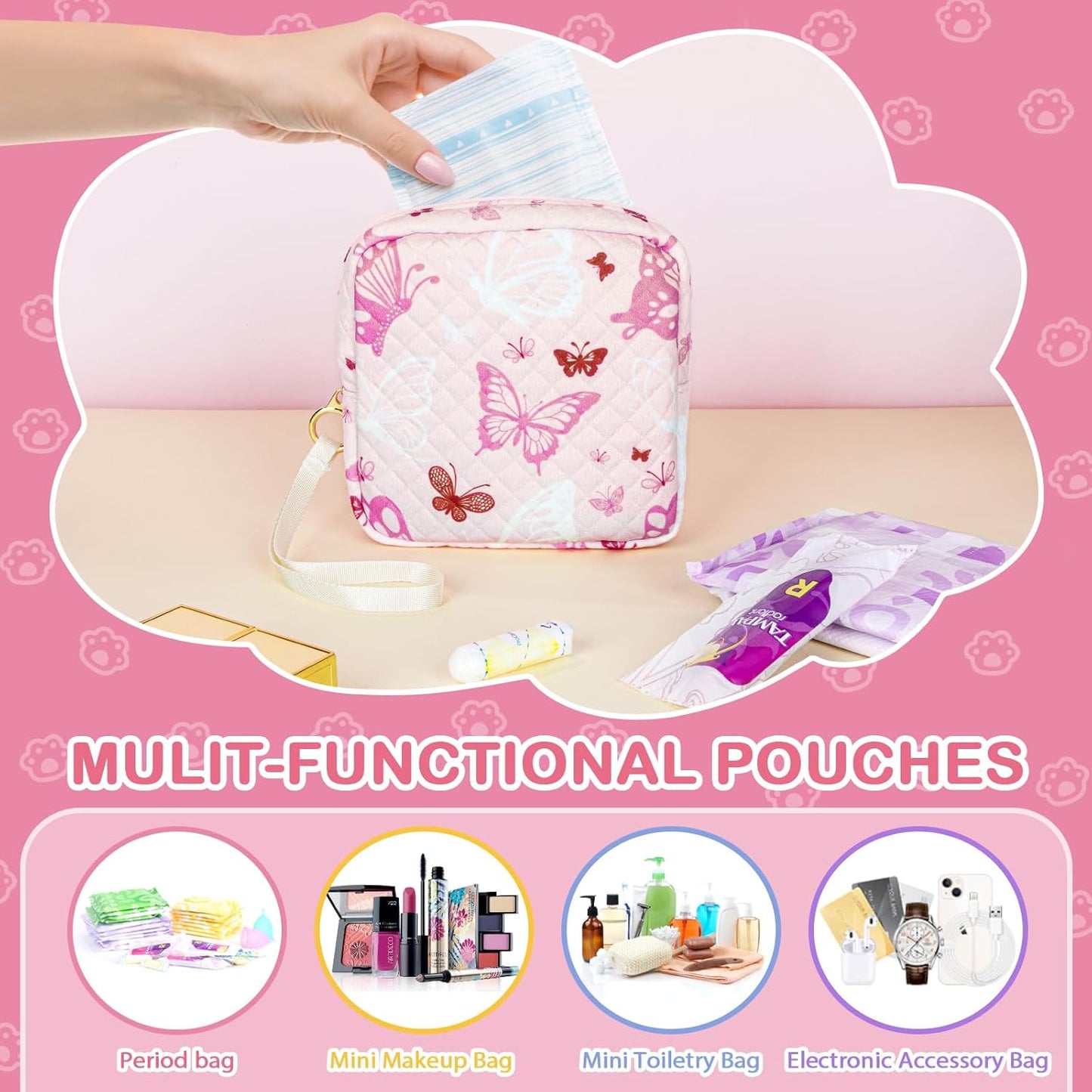Tampon Holder for Purse, Quilted Period Bag Sanitary Napkin Storage Bag for Girls Womens, Portable Feminine Emergency Pad Period Pouch(Butterfly White)