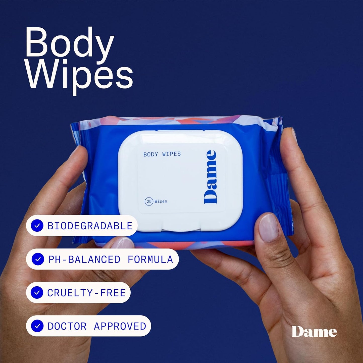 Dame Products Body Wipes - Cleansing and Nourishing - pH-Balanced Formulated with Aloe and Cucumber Extract - Disposable and Flushable - 25 Count