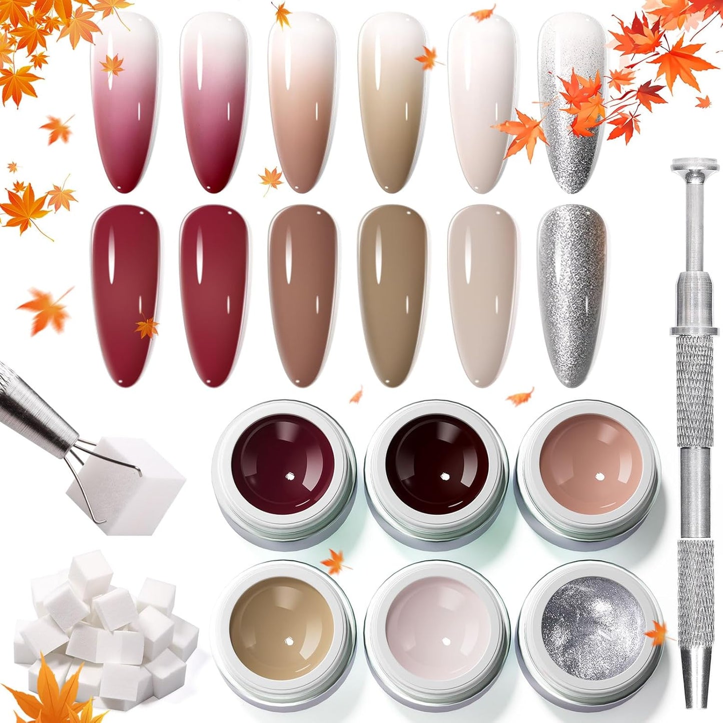 6 Colors Pat Painting Gel Polish Kit for Nails, Ombre Gradient Fall Winter Gel Nail Polish with 30PCS Sponge Applicators & Grabbing Pen ,Nail Art for DIY French Manicure at Home