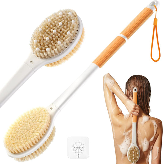 Shower Brush for Massage Dry Brushing: Back Scrubber for Shower with 18.1" Anti Slip Long Handle - Bath Body Brush for Lymphatic Drainage Exfoliator Improving Skin Health for Women Men Elderly(Orange)