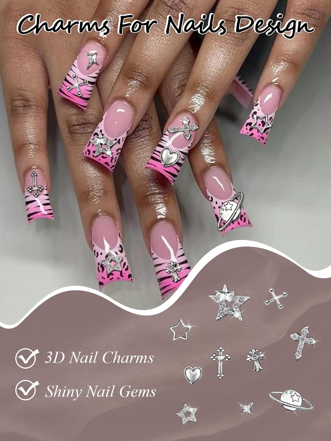 EBANKU Nail Charms for Nails, 100 PCS Nail Charms Y2K Bulk Set with 15g Nail Rhinestones Glue, Star Heart Planet Cross Alloy Nail Gems 3D Silver Stars Nail Jewels Accessories for Acrylic Nails