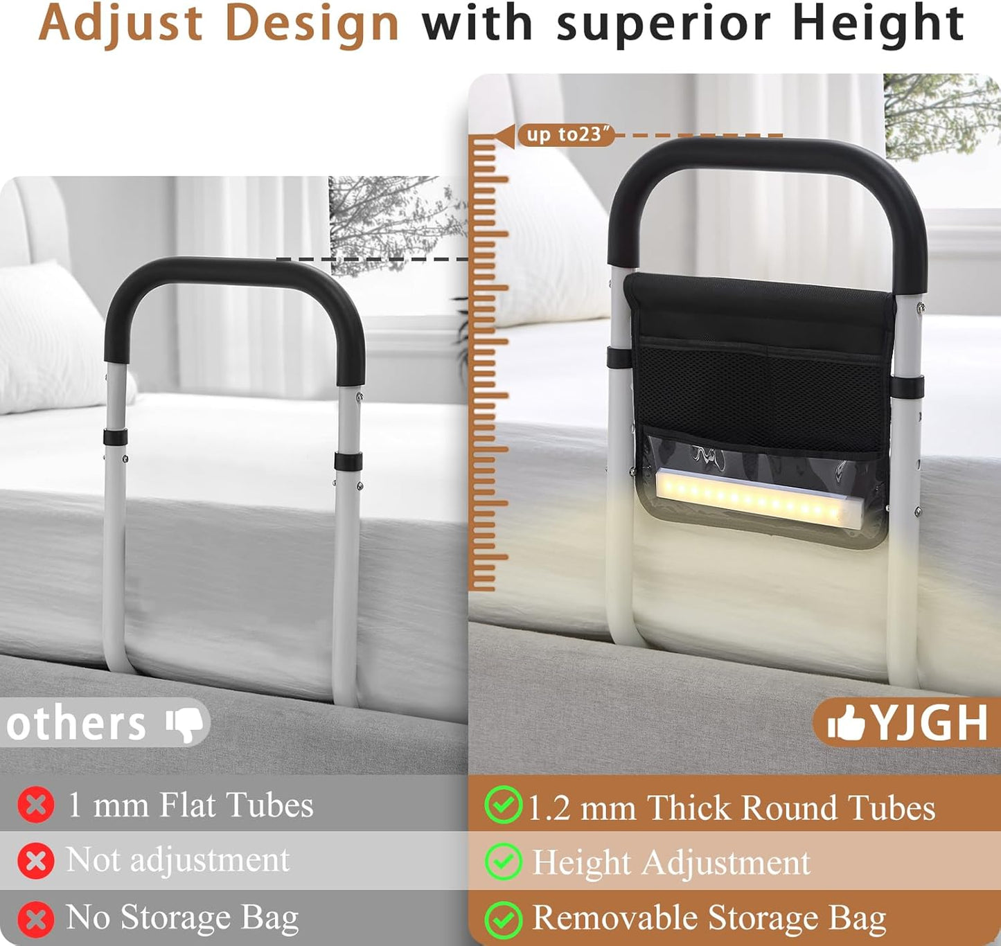 Bed Rails for Elderly Adults Safety, Bed Assist Rails for Seniors, Adjustable (19.3"-23") with 0.47 in Thick Steel Tube, Fits King, Queen, Full, Twin Bed