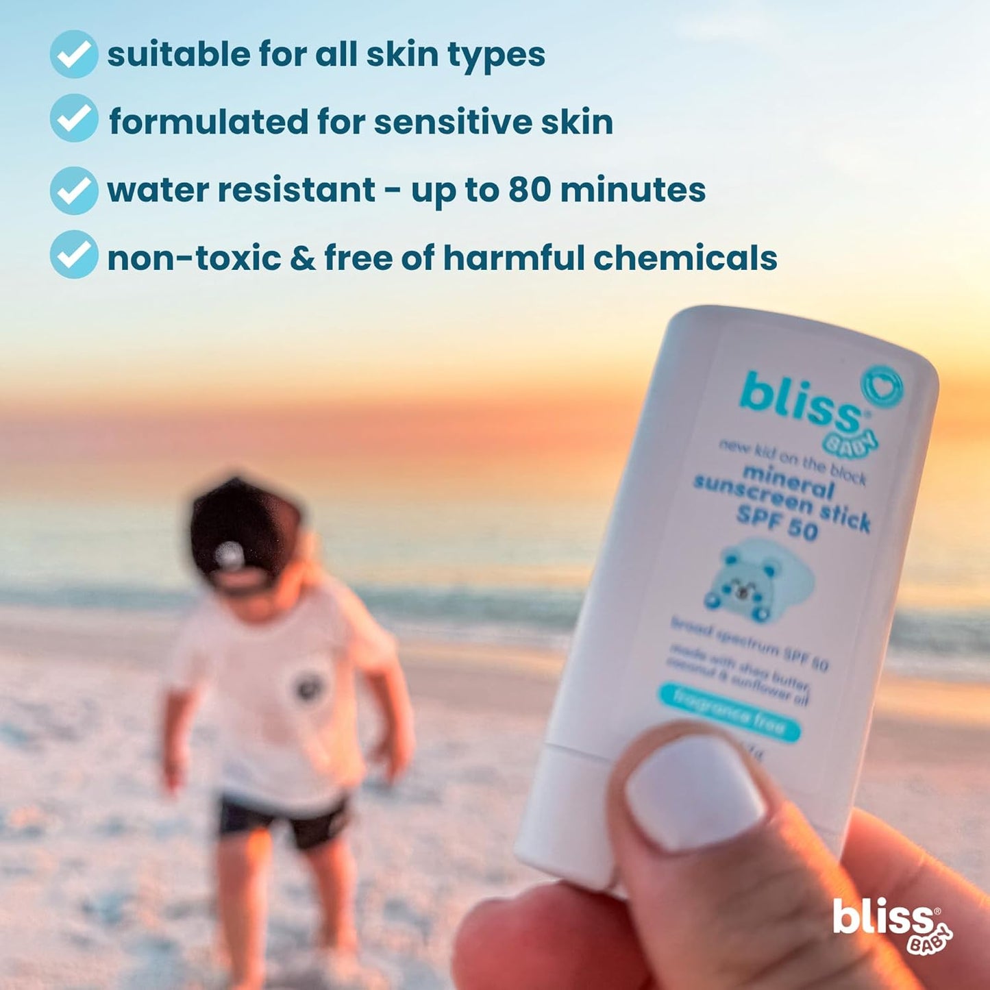 Bliss Baby Mineral Face Sunscreen Stick, SPF 50, Natural Zinc Oxide, Unscented, Hypoallergenic & Dermat Tested, Water-Resistant, Vegan, Sensitive Skin - For Toddlers, Babies, Kids & Whole Family