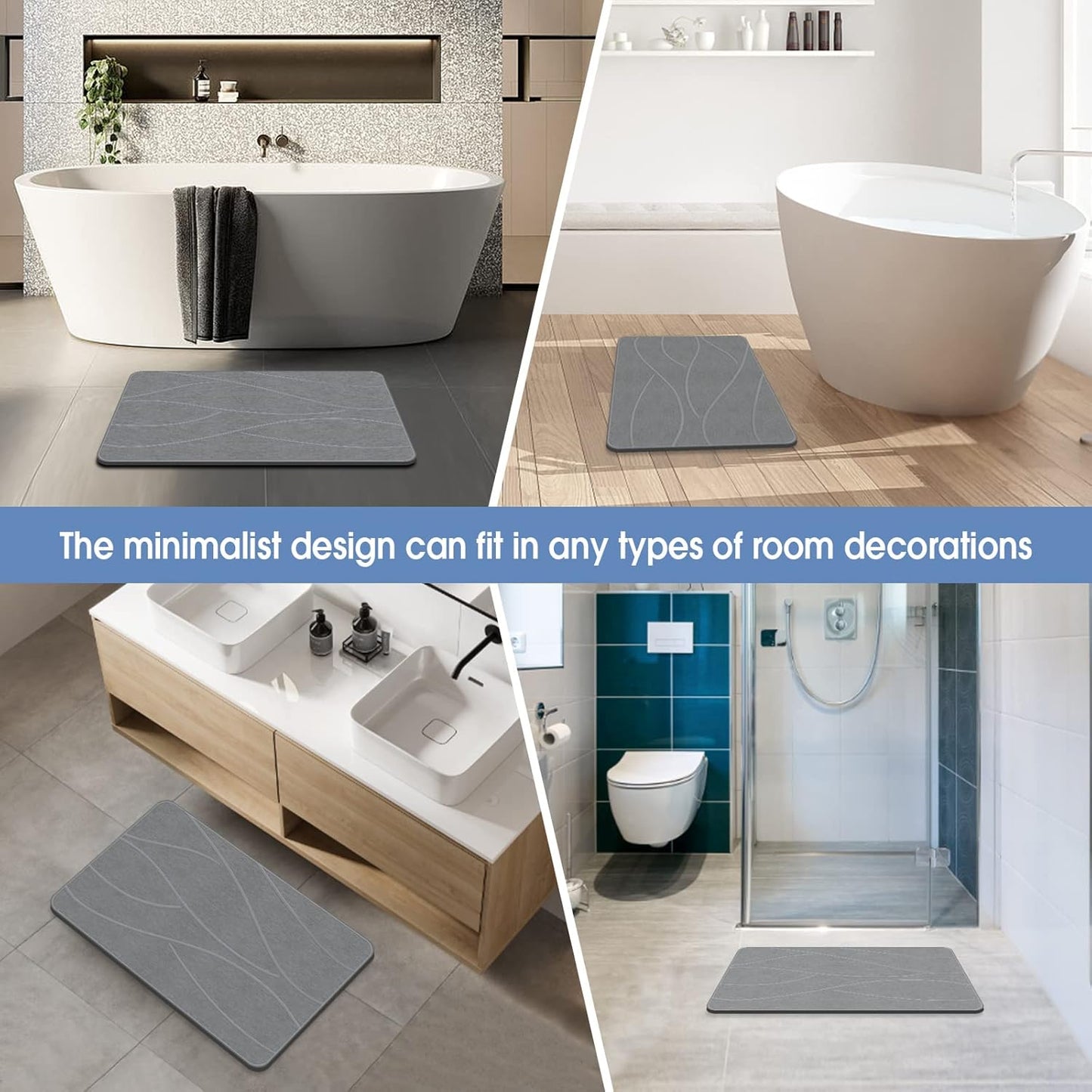 Stone Bath Mat Diatomaceous Earth Shower Mat Non-Slip Super Absorbent Diatomite Stone Bath Mats for Bathroom Floor Quick Drying Natural Easy to Clean(23.6''×15.4" Gray)