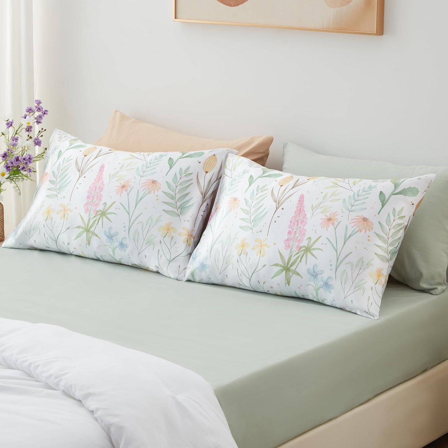 Satin Pillowcase 2 Pack - Multicolor Printed Silk Pillowcase for Hair and Skin 20x30 inches - Satin Pillow Cases Set of 2 with Envelope Closure