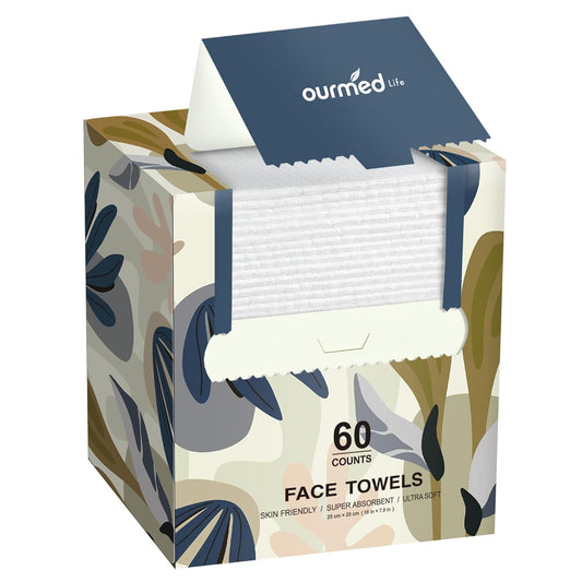 Ourmed Life Face Towels, Disposable Biodegradable Facial Towels for Sensitive Skin, Lint- free Facial Wipes for Washing Face, Skincare and Makeup Remover, Dry Wipes, 10"×7.9" Extra Large, 60 Count