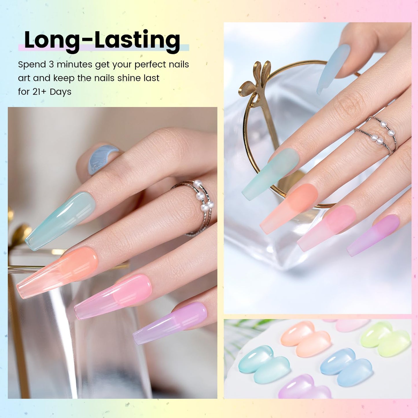 RARJSM Pastel Stained Glass Gel Nail Polish Set 6pcs Clear Orange Yellow Blue Pink Purple Crytal Transparent Jelly Series Sheer Amber Gel Varnish LED UV Curing Requires Spring Easter French Manicure