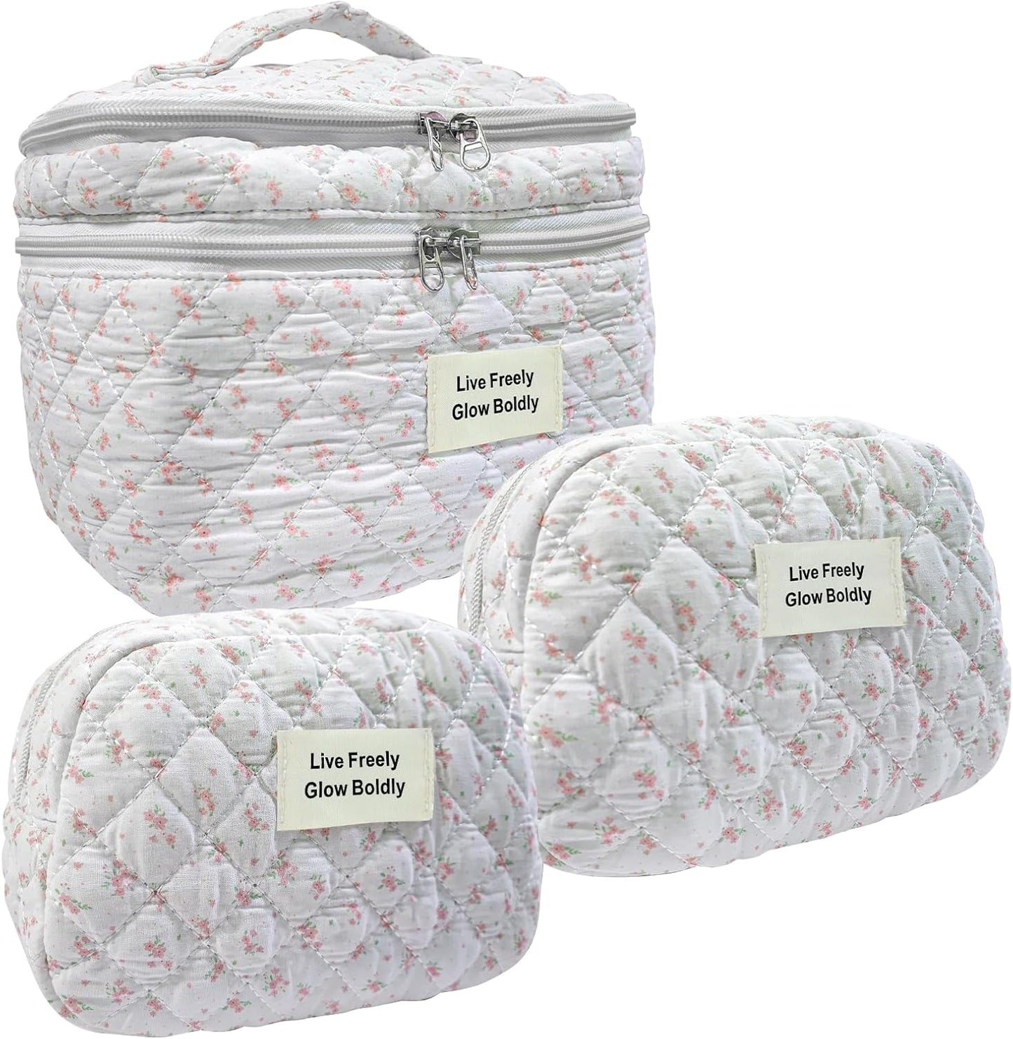 3Pcs Large Travel Quilted Makeup Bag, Double Layer Cute Floral Cotton Toiletry Bag, Aesthetic Flower Cosmetic Bag Coquette Skincare Organizer Bag for Wome (74-PinkFloral)
