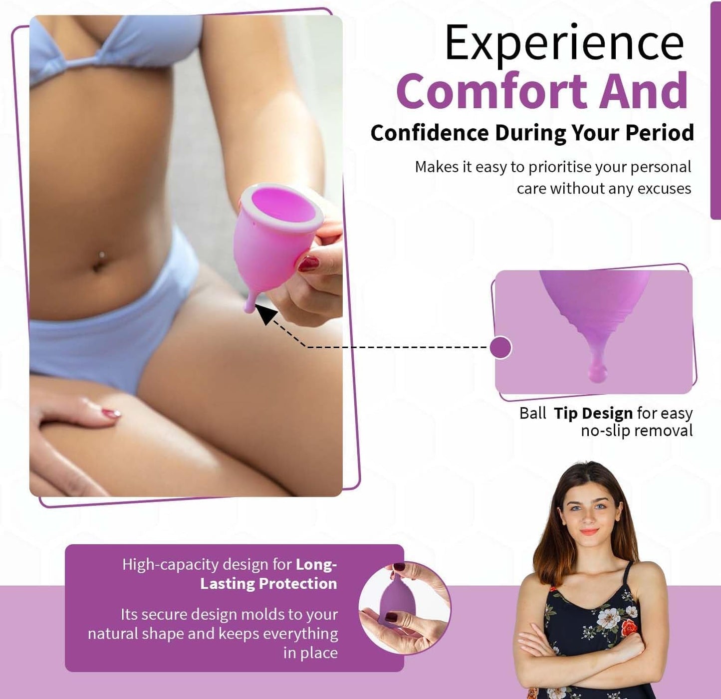 Angel's Peel Lounge Menstrual Cup for Women - 100% Medical-Grade Leak-Free Soft & Flexible Silicone Cup - 12 Hour Leak Protection Eco-Friendly & Reusable Period Cups for Women - Purple - Large
