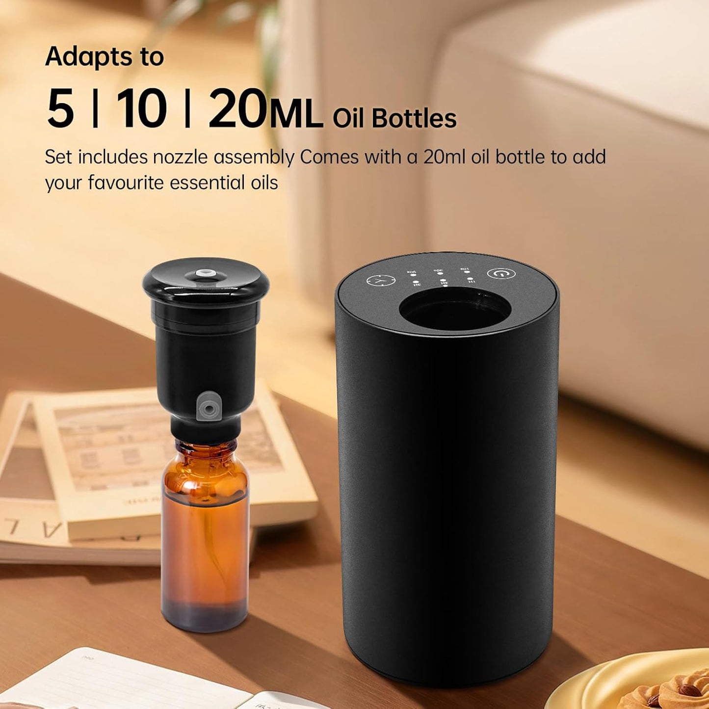 Waterless Essential Oil Diffuser, Battery Operated Mini Scent Air Machine for 5ml/ 10ml/ 20ml Essential Oils, Aromatherapy Diffuser with 3 Countdown Timers & 3 Mist Levels for Home, Car, Office