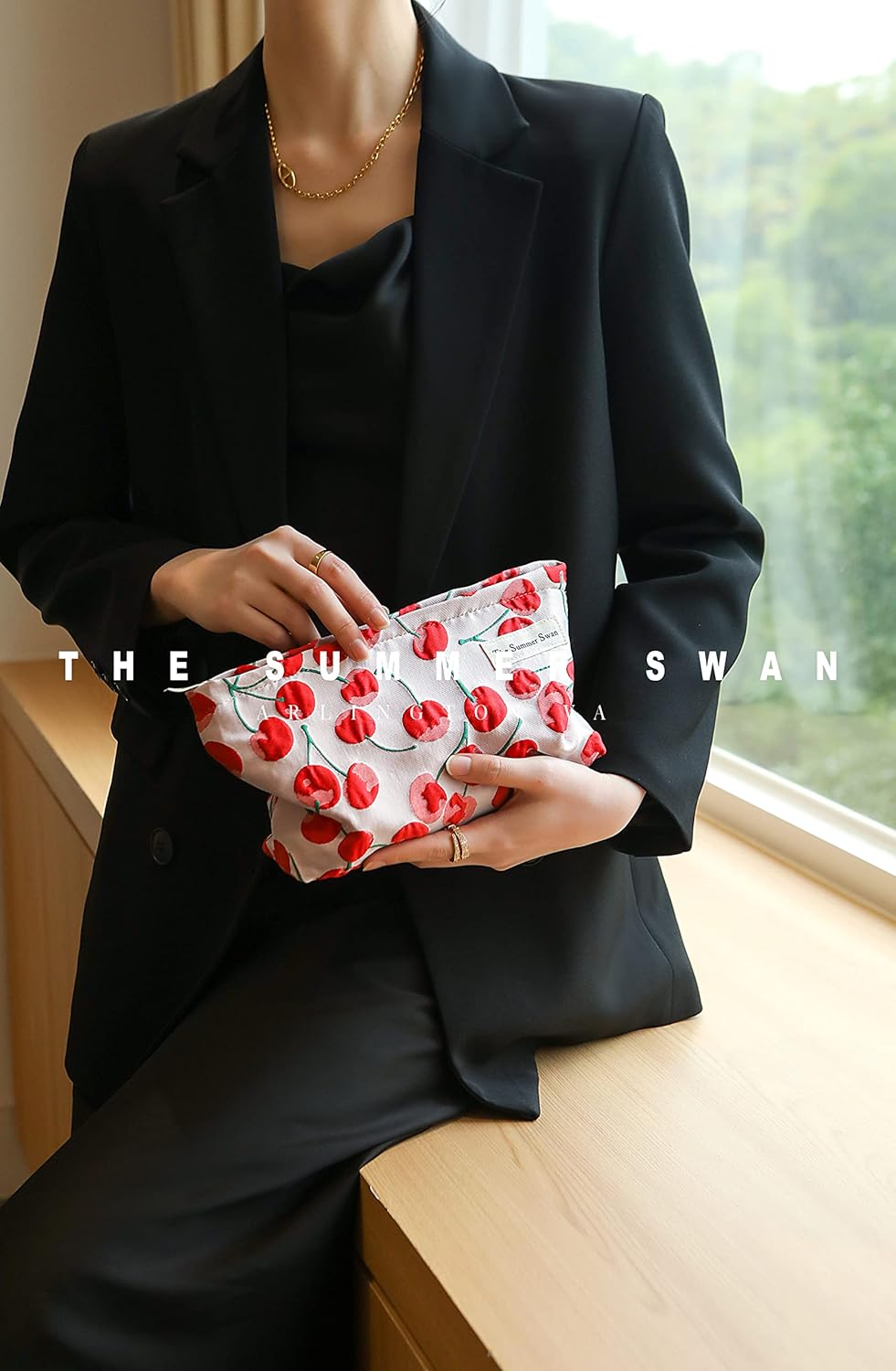 The Summer Swan | Large Aesthetic Makeup Bag | Preppy Skincare Organizer | Floral Mid-day Clutch | Period Kit Hygiene Bag (Classic Red Cherry)
