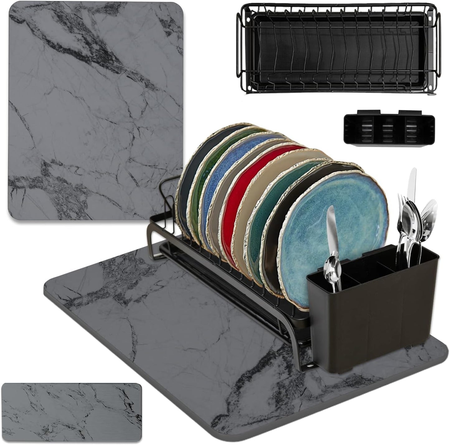 AquaTerra Diatomaceous Earth Drying Mat with Matching Sponge Caddy & Dish Rack | 3-Piece Set (Dark Gray Marble, Large) | Heat-Resistant & Multi-Purpose for Drying and Kitchen Organization