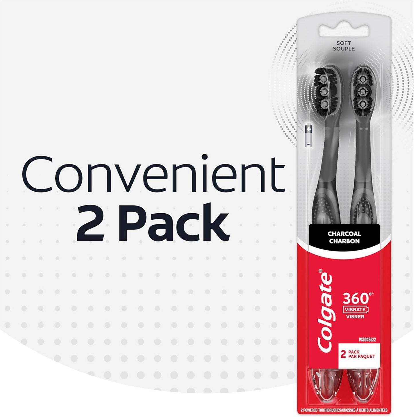 Colgate 360 Vibrate Charcoal Battery Operated Toothbrush Pack, Soft with 1 AAA Battery Included, Black, 2 Count