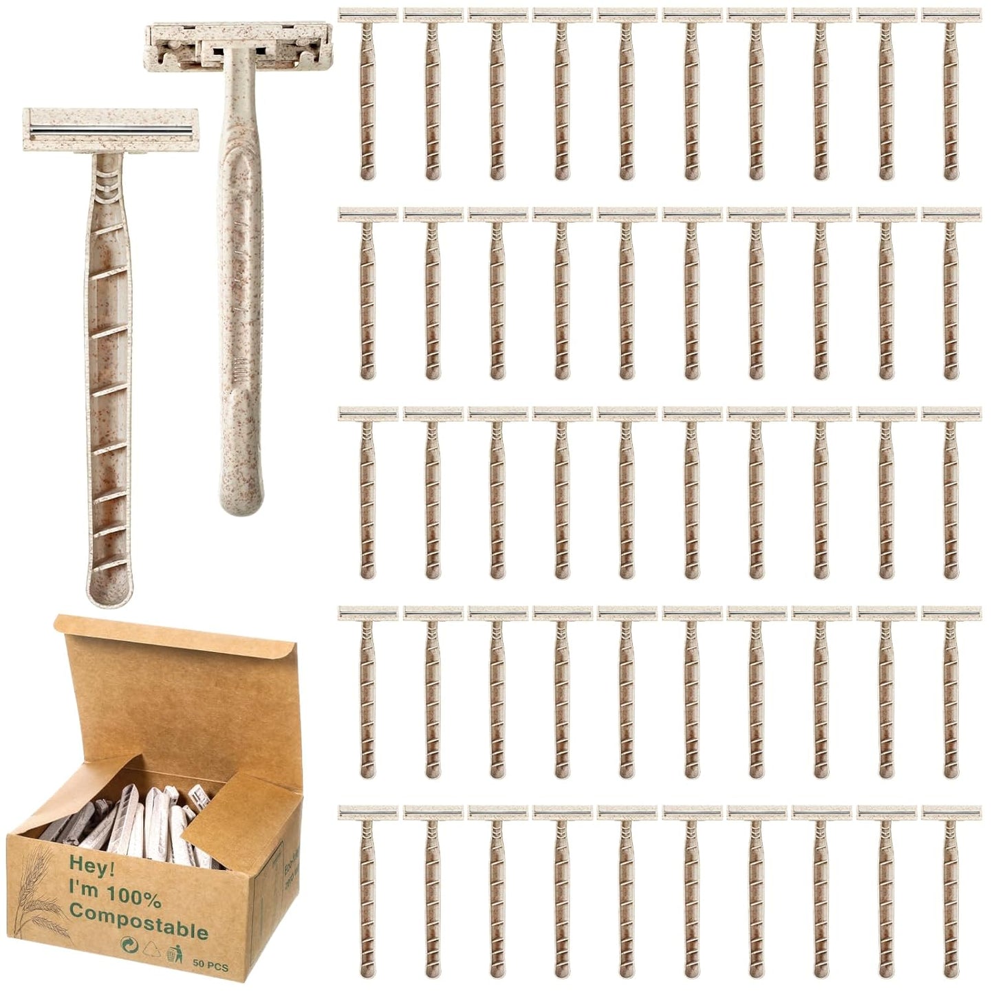 50Pcs Twin Blade Uinsex Disposable Razors, Shaving Razors for Men & Women Bulk, Eco-Friendly Portable Shave Razor for Bathing, Hotel, Travel(Beige)