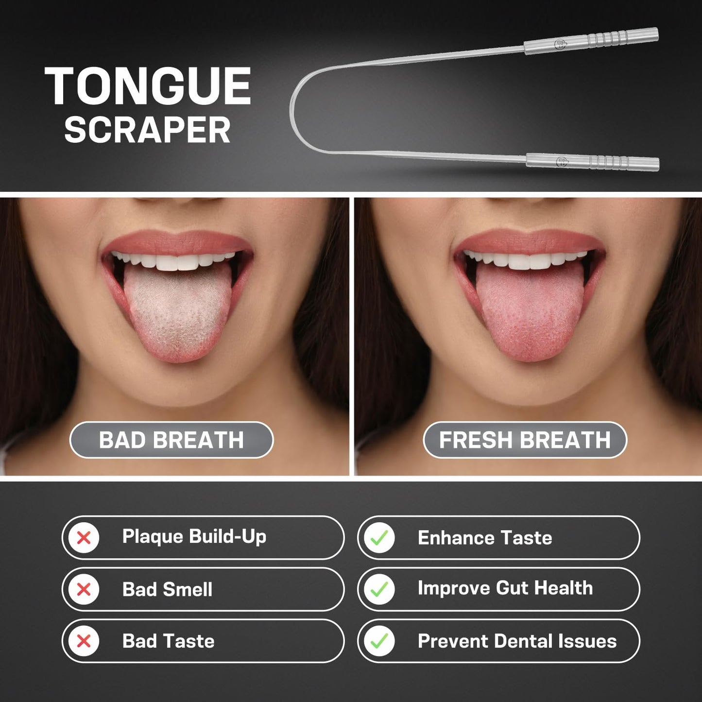 Tongue Scraper for Adults, Metal Tongue Scraper for Good, Fresh Breath & Oral hygiene essentials-100% Stainless Steel U shaped Tongue Cleaner with Friendly Emoji Recognition (Pack of 2)