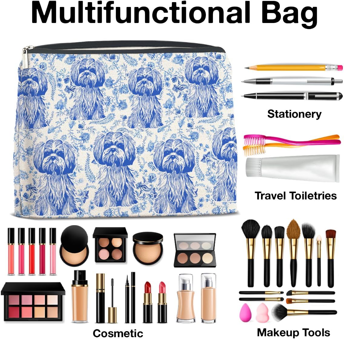 Shih Tzu Blue Makeup Bag Gifts for Women Dog Mom Cute Shih Tzu Cosmetic Bag Zipper Pouch
