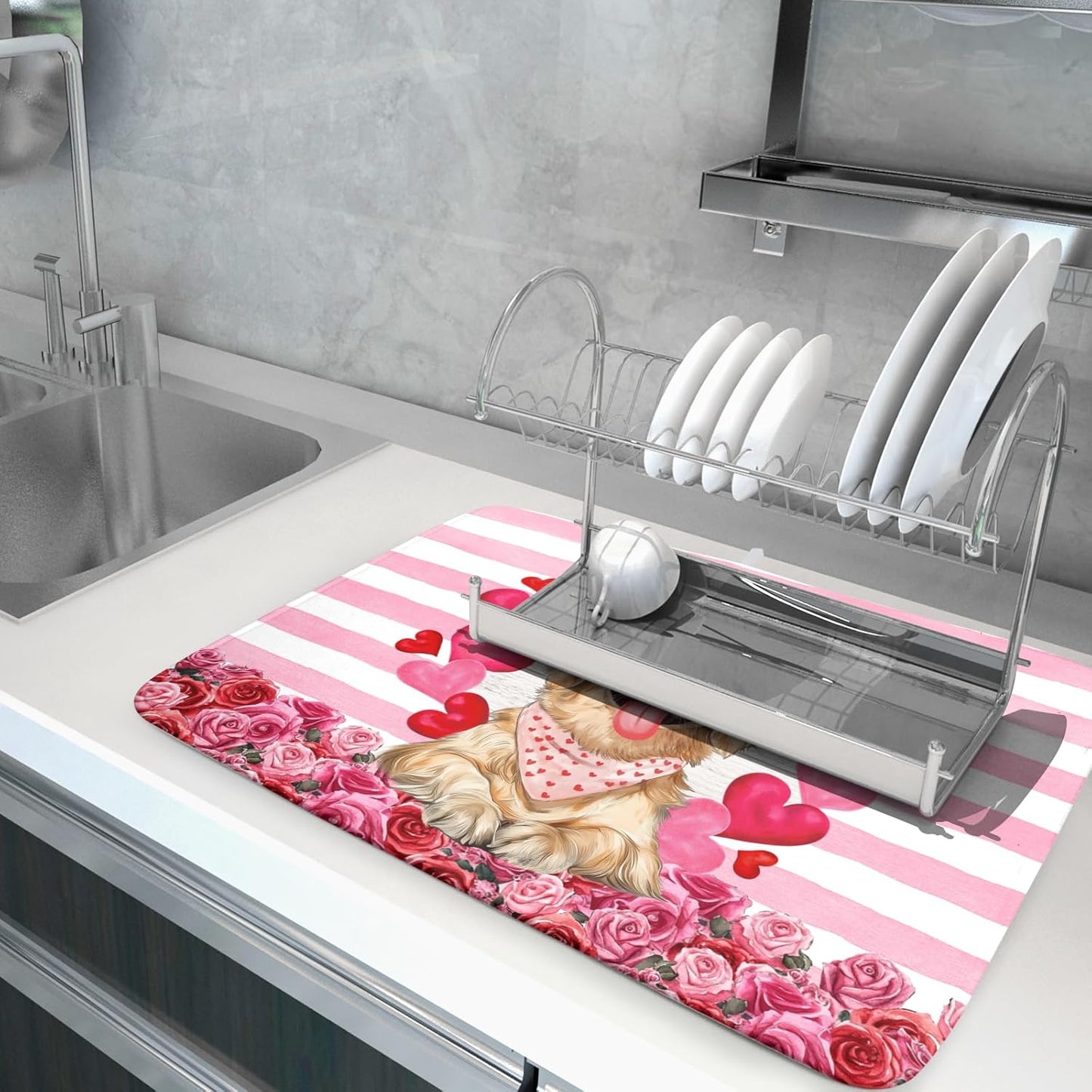Valentine's Day Dog Dish Drying Mat for Kitchen Counter 18x24 inch Heart Rose Absorbent Dish Drainer Rack Mats for Coffee Bar Countertop