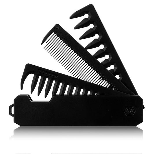Protable Pocket Comb for Men, 3 In 1 Folding Comb, Fine Tooth and Wide Tooth Small Combs for Everyday Grooming, Combing Hair, Beards and Mustaches (Black, Plastic)