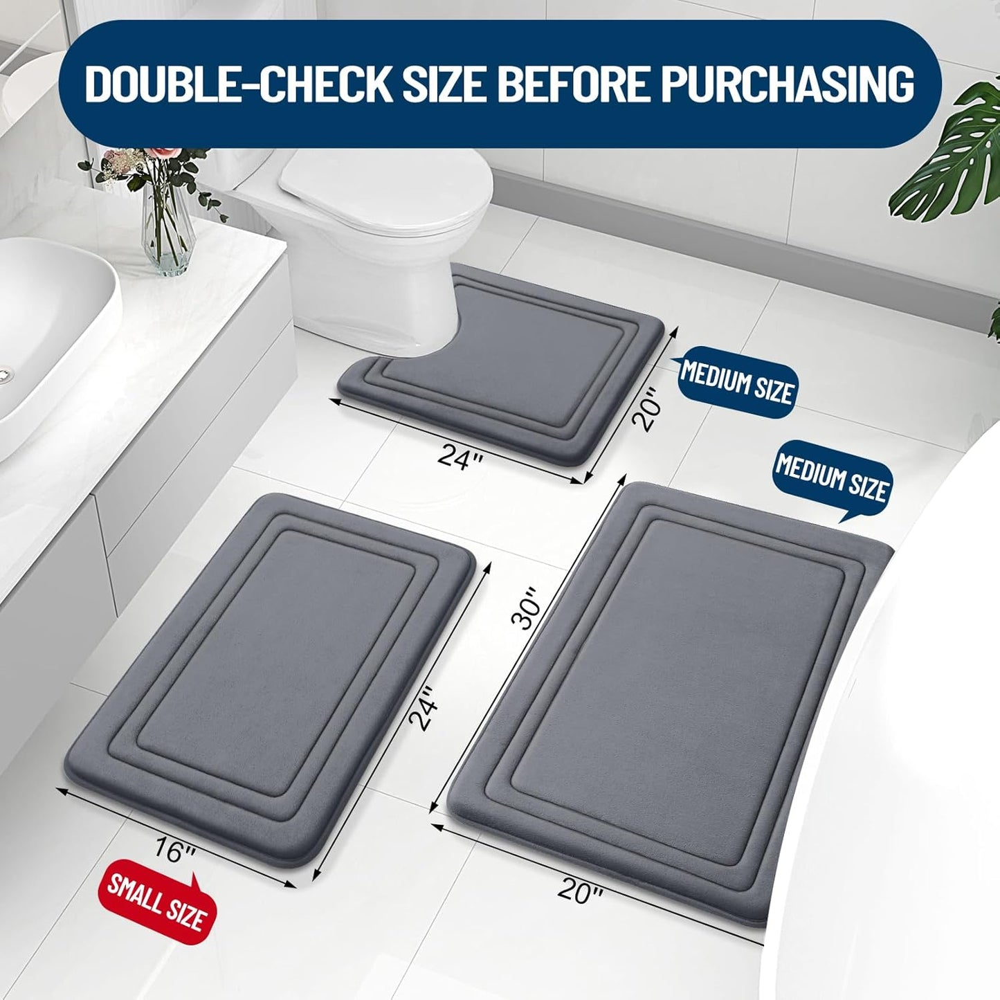 Grandaily Memory Foam Bath Mat Rug 47x20, Ultra Soft, Non-Slip and Absorbent Bathroom Rugs, Machine Wash Dry, Comfortable Bath Carpet for Bathroom Floor, Tub and Shower, Dark Grey