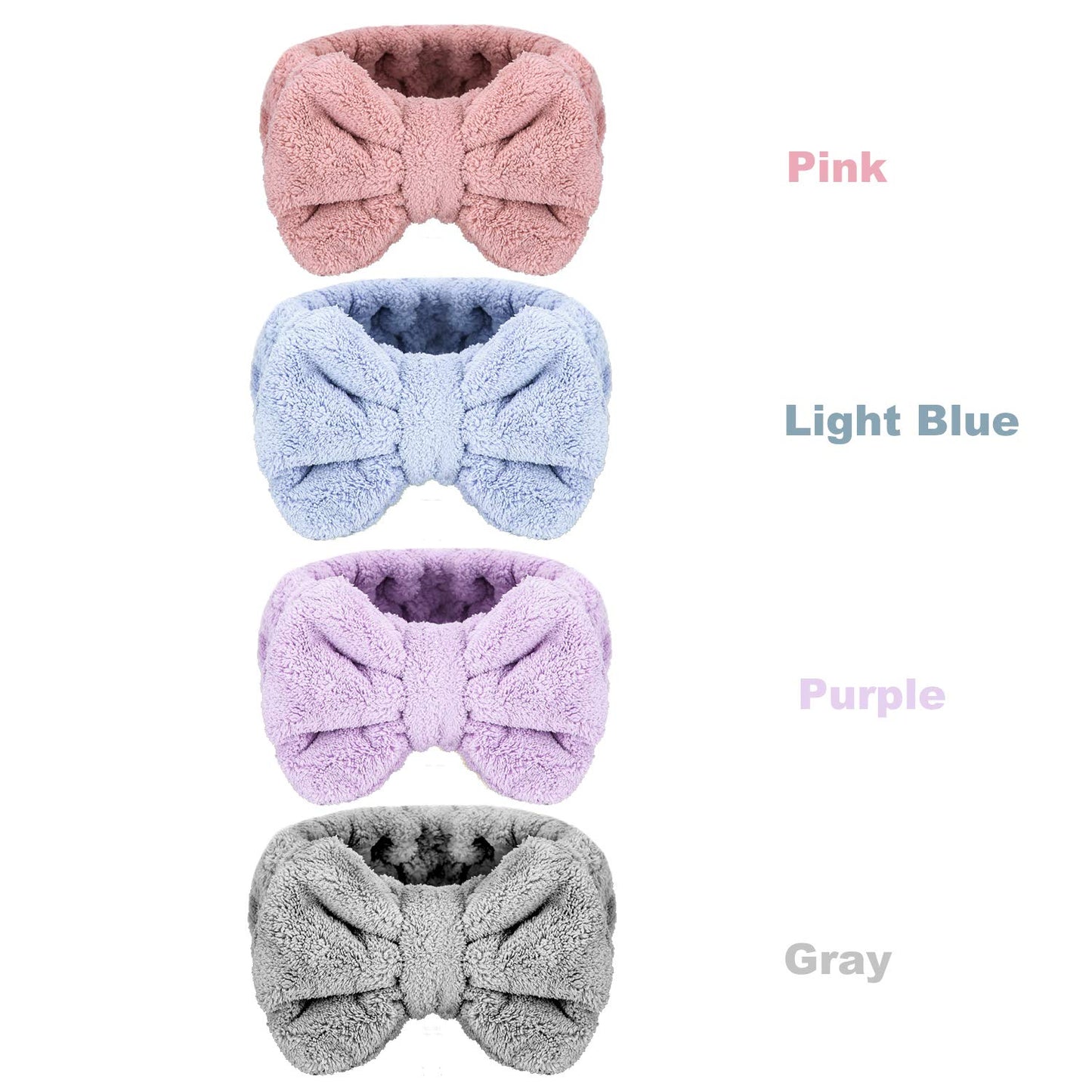 4 Pack Makeup Spa Headband Microfiber Bow Towel Soft Fluffy Washing Face Headband for Women Girls Shower Bath Skincare (Pink, Light Blue, Purple, Gray)