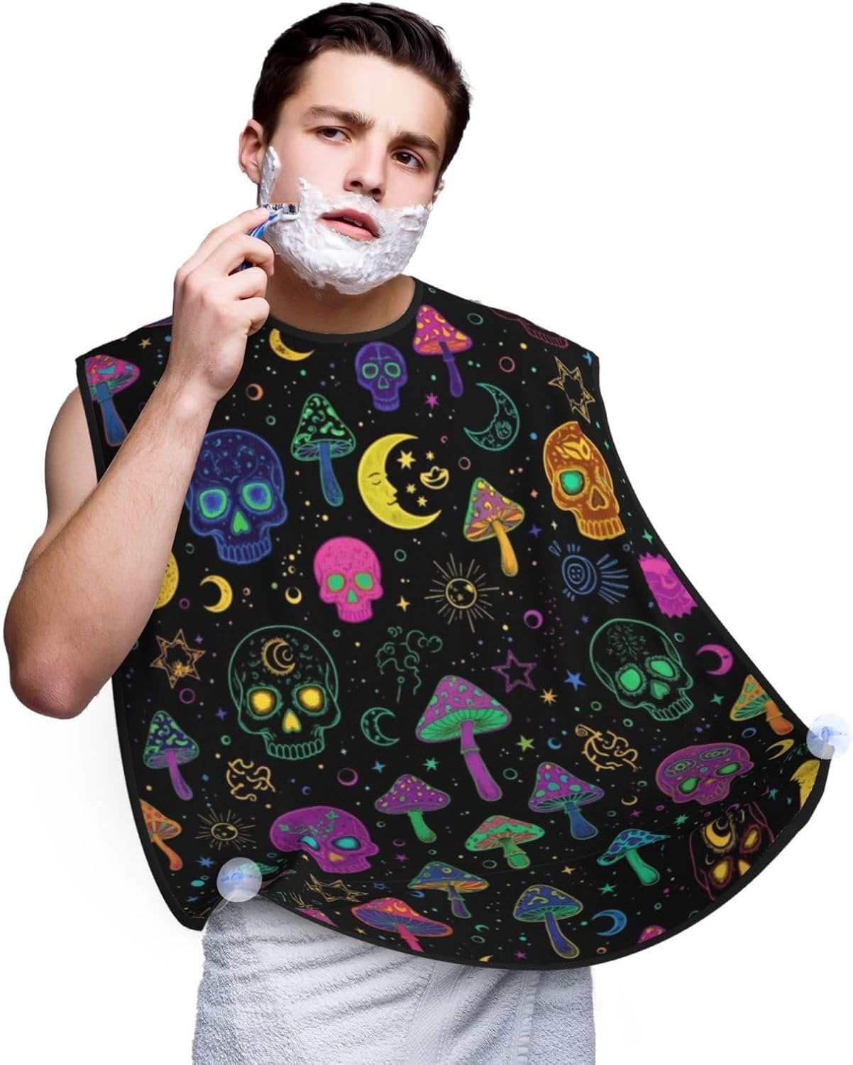 Non-Stick Beard Shaving Bib, Hair Catcher Apron with Suction Cups, Waterproof Grooming Tool for Men Husband, Trippy Moon Skulls Mushrooms Shave Bib