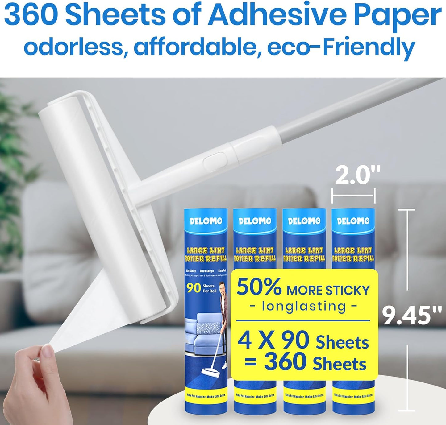 Large Lint Roller - 9.45 in Giant Lint Roller Refill 360 Sheets Total, 45 in Telescopic Pole to Clean Without Bending Down, Sticky Rollers for Floor Cleaning Carpets, Cars, Clothing, Pet Hair