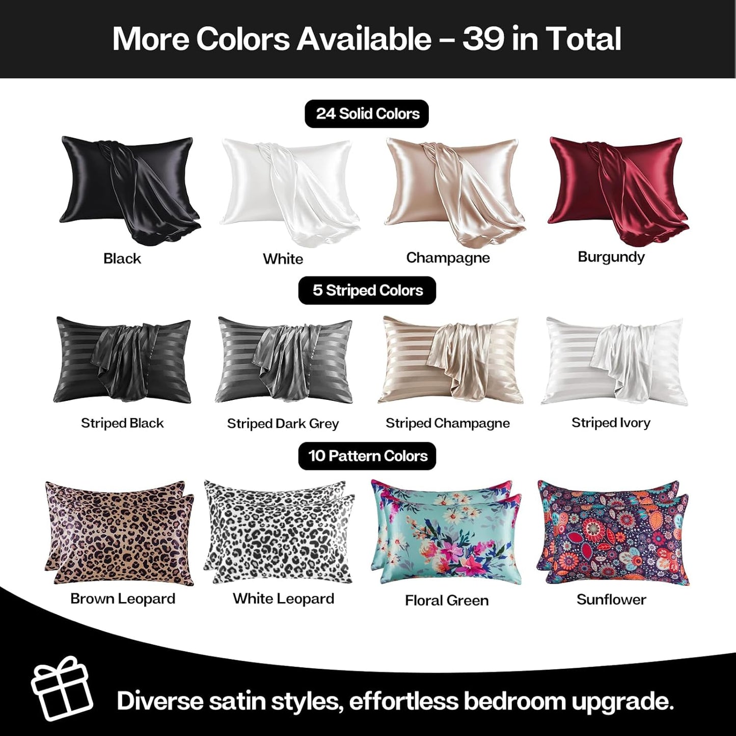 MR&HM Satin Pillowcase for Hair and Skin, Silk Satin Pillowcase 2 Pack, King Size Pillow Cases Set of 2, Silky Pillow Cover with Envelope Closure (20x36, Black)