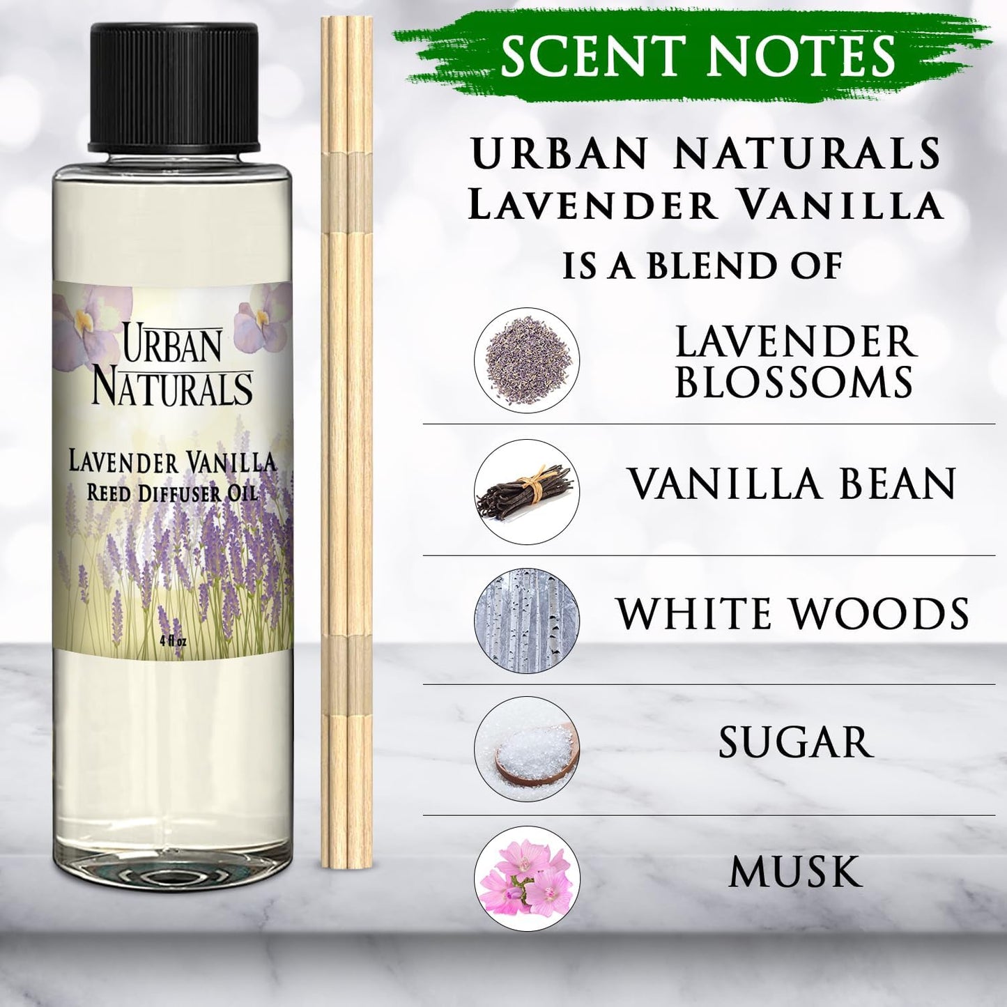 Urban Naturals Lavender Vanilla Scented Oil Reed Diffuser Refill and Reed Sticks – Lavender Blossom, Creamy Vanilla, White Woods and Sugared Musk, 4 oz (2 Pack)